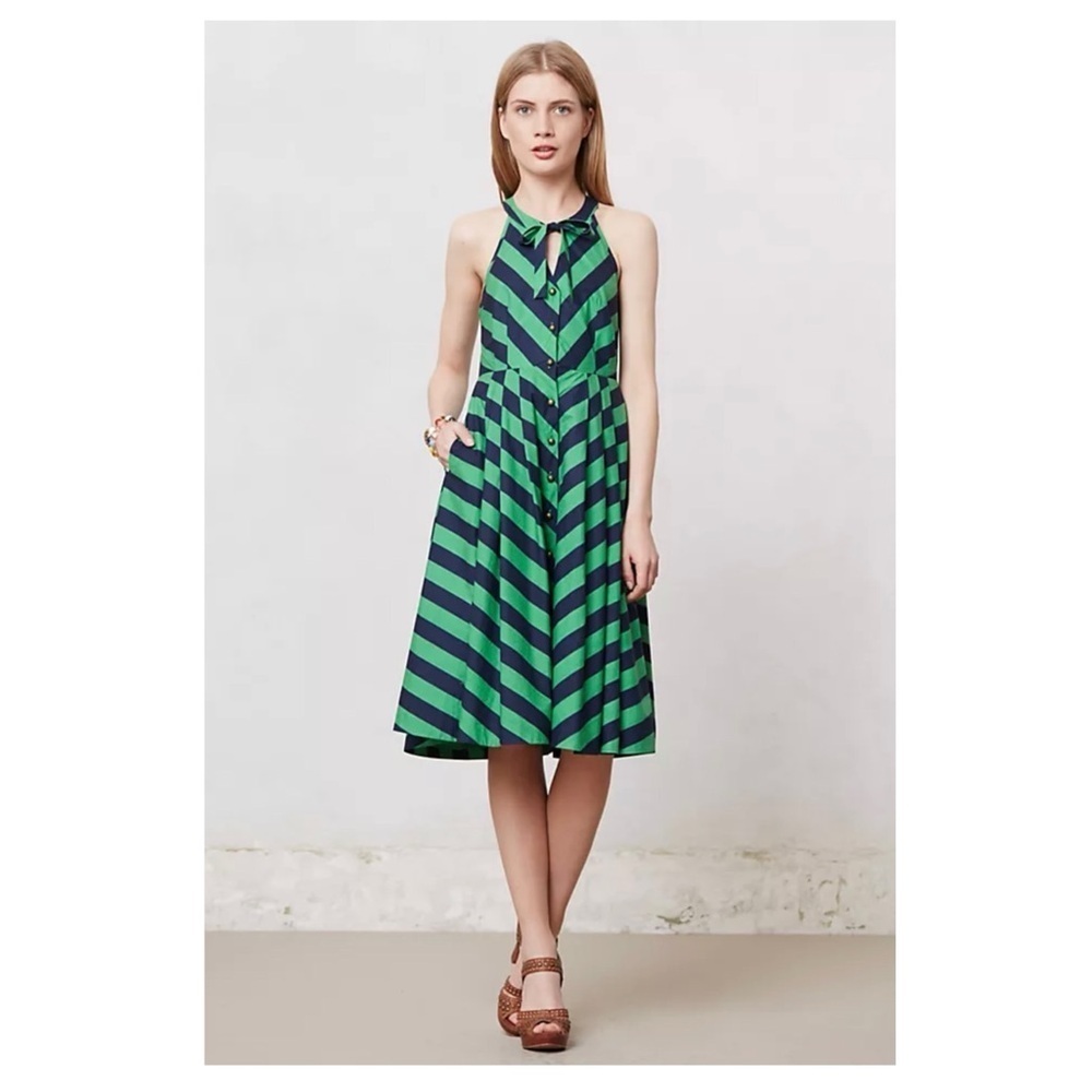Girls From Savoy Anthropologie | Retro Fit & Flare Emerald Ripple Midi Dress | 6